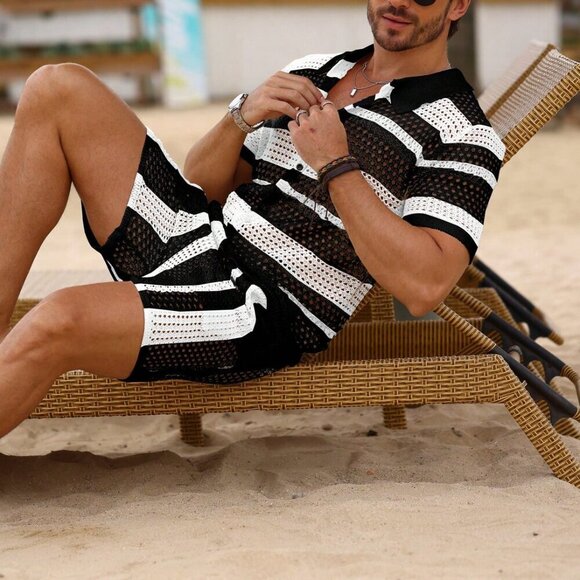 Black And White Casual Men's Hollowout Striped Crochet Knit Two-Piece Set - Picture 3 of 7